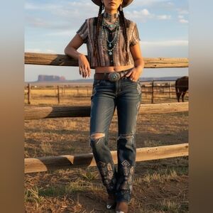 Two To Fly Nwt Stylishwomens Striped Lace Crop Shirt   Western S Sku 11